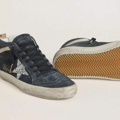 Golden Goose Mid Star In Petrol-Blue Suede With Silver Glitter Star And Cotton Flash