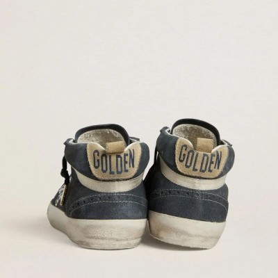 Golden Goose Mid Star In Petrol-Blue Suede With Silver Glitter Star And Cotton Flash