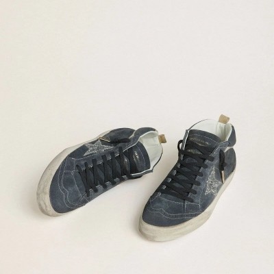 Golden Goose Mid Star In Petrol-Blue Suede With Silver Glitter Star And Cotton Flash Golden Goose Mid Star In Petrol-Blue Suede With Silver Glitter Star And Cotton Flash