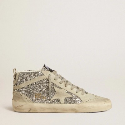 Golden Goose Mid Star In Silver Glitter With Ice-Gray Suede Star And Flash