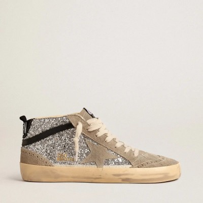 Golden Goose Mid Star In Silver Glitter With Suede Star And Black Flash Golden Goose Mid Star In Silver Glitter With Suede Star And Black Flash