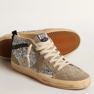 Golden Goose Mid Star In Silver Glitter With Suede Star And Black Flash Golden Goose Mid Star In Silver Glitter With Suede Star And Black Flash