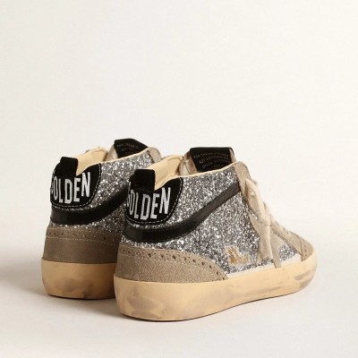 Golden Goose Mid Star In Silver Glitter With Suede Star And Black Flash Golden Goose Mid Star In Silver Glitter With Suede Star And Black Flash