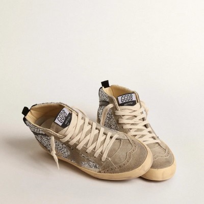 Golden Goose Mid Star In Silver Glitter With Suede Star And Black Flash Golden Goose Mid Star In Silver Glitter With Suede Star And Black Flash