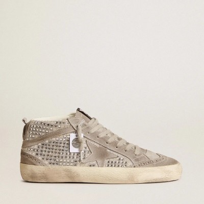 Golden Goose Mid Star In Silver Suede With Swarovski Crystals And Suede Star Golden Goose Mid Star In Silver Suede With Swarovski Crystals And Suede Star