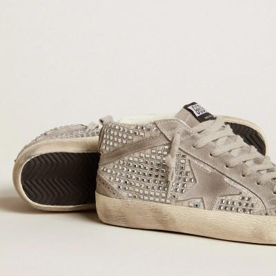 Golden Goose Mid Star In Silver Suede With Swarovski Crystals And Suede Star Golden Goose Mid Star In Silver Suede With Swarovski Crystals And Suede Star