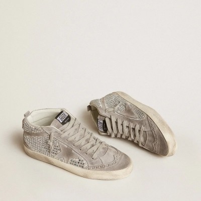 Golden Goose Mid Star In Silver Suede With Swarovski Crystals And Suede Star Golden Goose Mid Star In Silver Suede With Swarovski Crystals And Suede Star