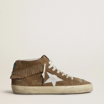 Golden Goose Mid Star In Tobacco Suede With Fringing And Studs Golden Goose Mid Star In Tobacco Suede With Fringing And Studs