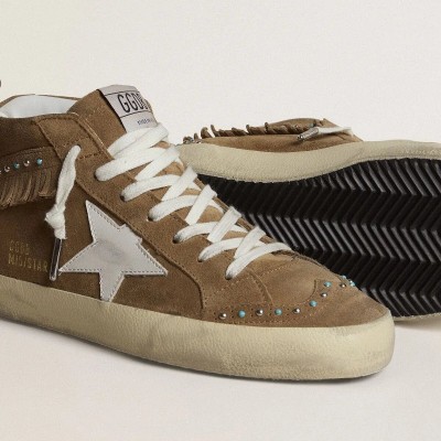 Golden Goose Mid Star In Tobacco Suede With Fringing And Studs Golden Goose Mid Star In Tobacco Suede With Fringing And Studs