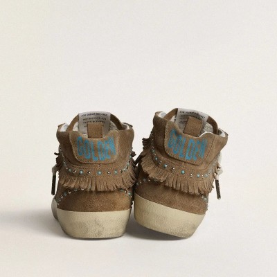 Golden Goose Mid Star In Tobacco Suede With Fringing And Studs Golden Goose Mid Star In Tobacco Suede With Fringing And Studs