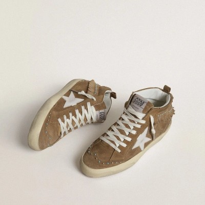Golden Goose Mid Star In Tobacco Suede With Fringing And Studs Golden Goose Mid Star In Tobacco Suede With Fringing And Studs