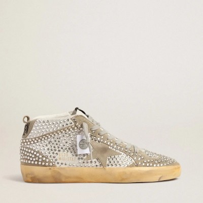 Golden Goose Mid Star In White And Dove-Gray Suede With Swarovski Crystals Golden Goose Mid Star In White And Dove-Gray Suede With Swarovski Crystals