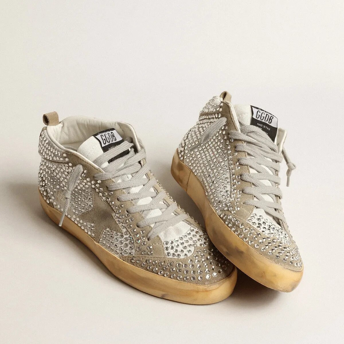 Golden Goose Mid Star In White And Dove-Gray Suede With Swarovski Crystals Golden Goose Mid Star In White And Dove-Gray Suede With Swarovski Crystals