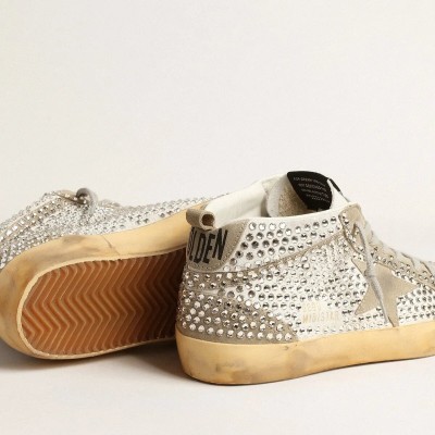 Golden Goose Mid Star In White And Dove-Gray Suede With Swarovski Crystals Golden Goose Mid Star In White And Dove-Gray Suede With Swarovski Crystals