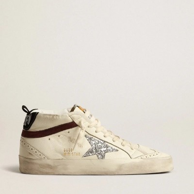 Golden Goose Mid Star In White Nappa Leather With Silver Glitter Star Golden Goose Mid Star In White Nappa Leather With Silver Glitter Star