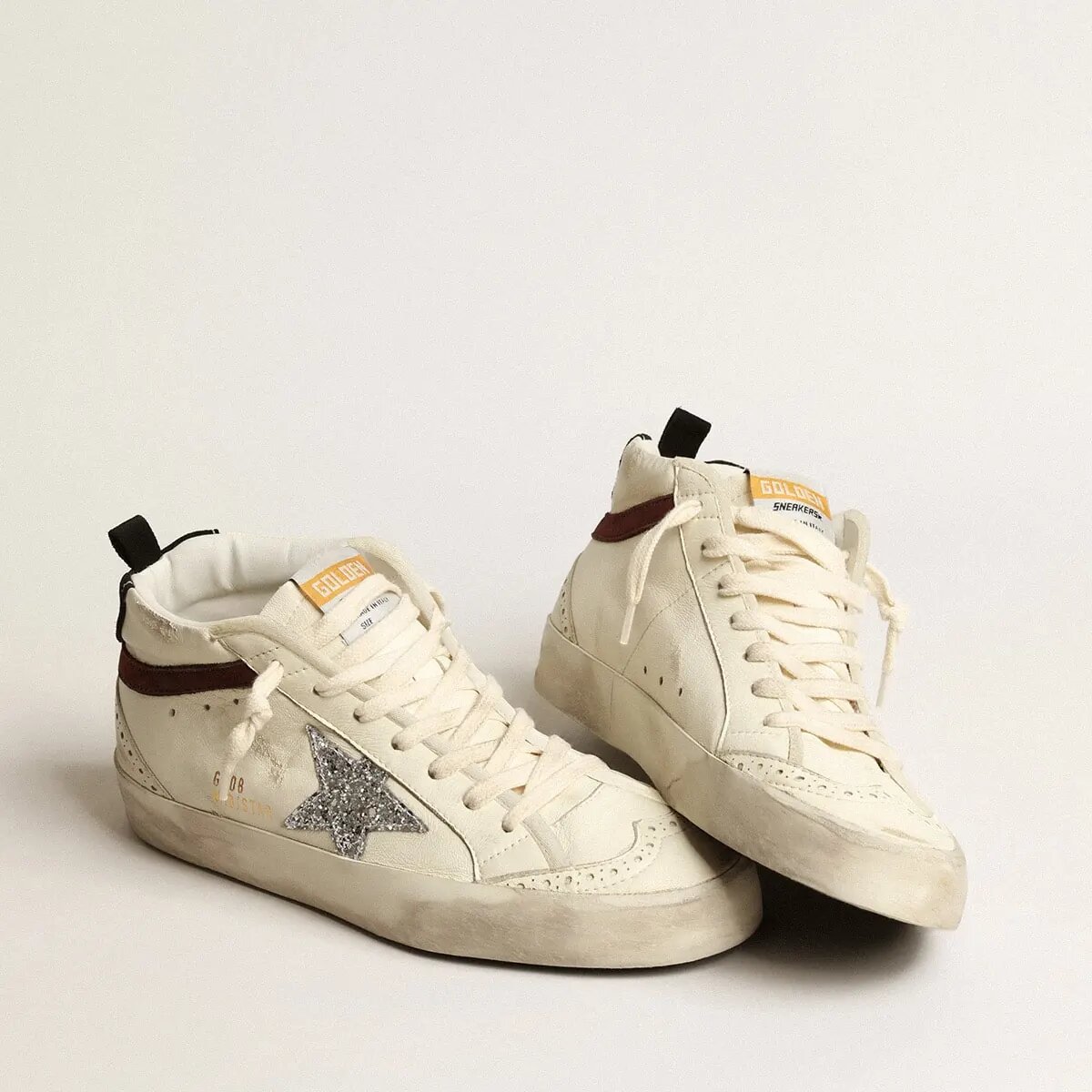 Golden Goose Mid Star In White Nappa Leather With Silver Glitter Star Golden Goose Mid Star In White Nappa Leather With Silver Glitter Star