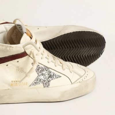 Golden Goose Mid Star In White Nappa Leather With Silver Glitter Star Golden Goose Mid Star In White Nappa Leather With Silver Glitter Star