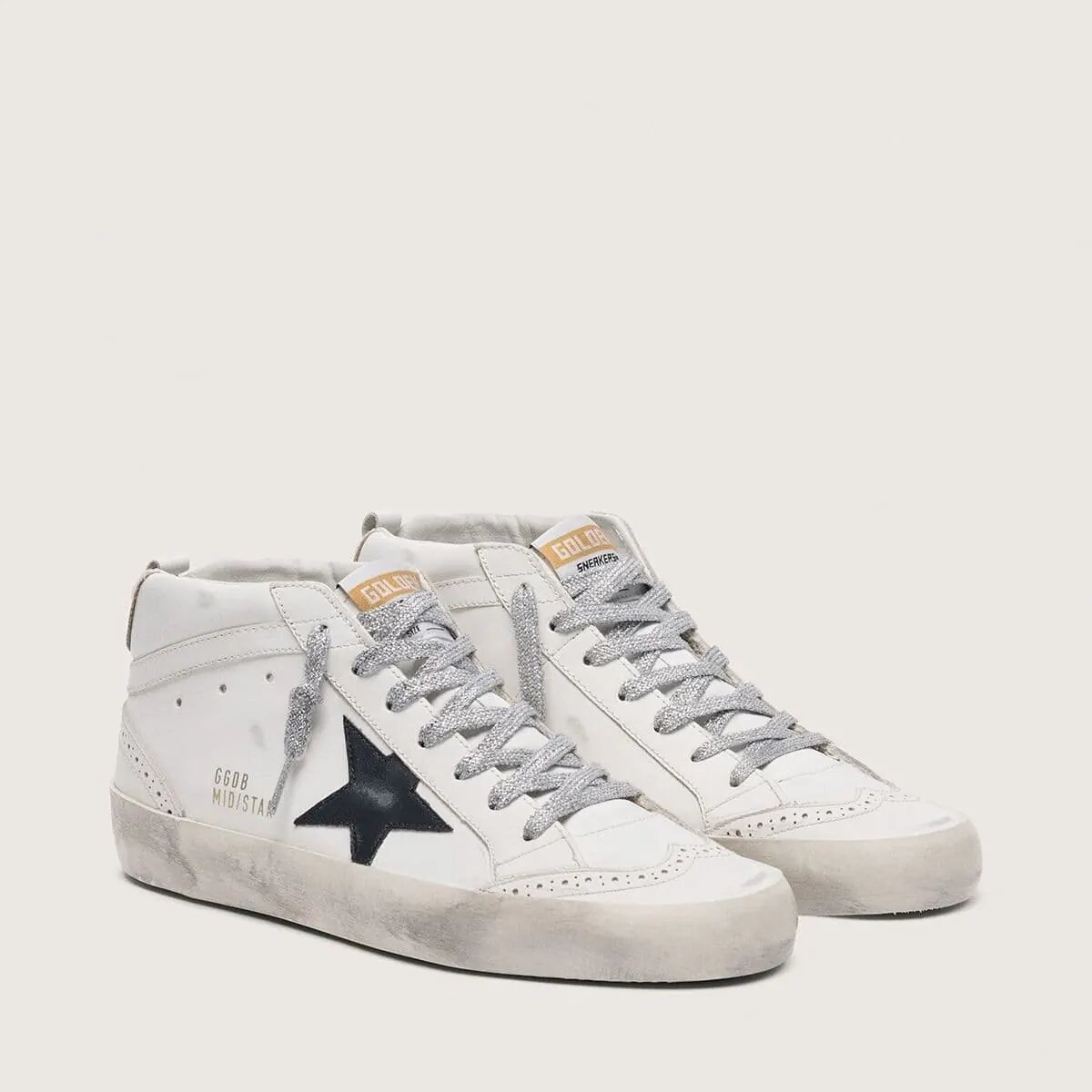 Golden Goose Mid Star With Laminated Heel Tab And Glitter Laces Golden Goose Mid Star With Laminated Heel Tab And Glitter Laces
