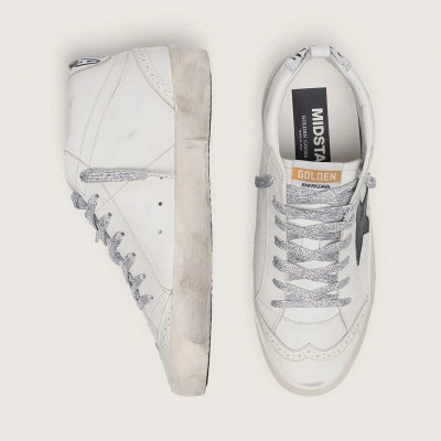 Golden Goose Mid Star With Laminated Heel Tab And Glitter Laces Golden Goose Mid Star With Laminated Heel Tab And Glitter Laces