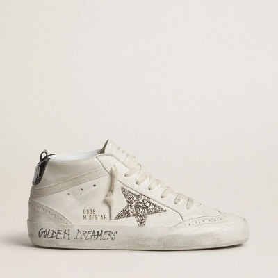 Golden Goose Mid Star With Silver Glitter Star And Black Laminated Heel Tab Golden Goose Mid Star With Silver Glitter Star And Black Laminated Heel Tab