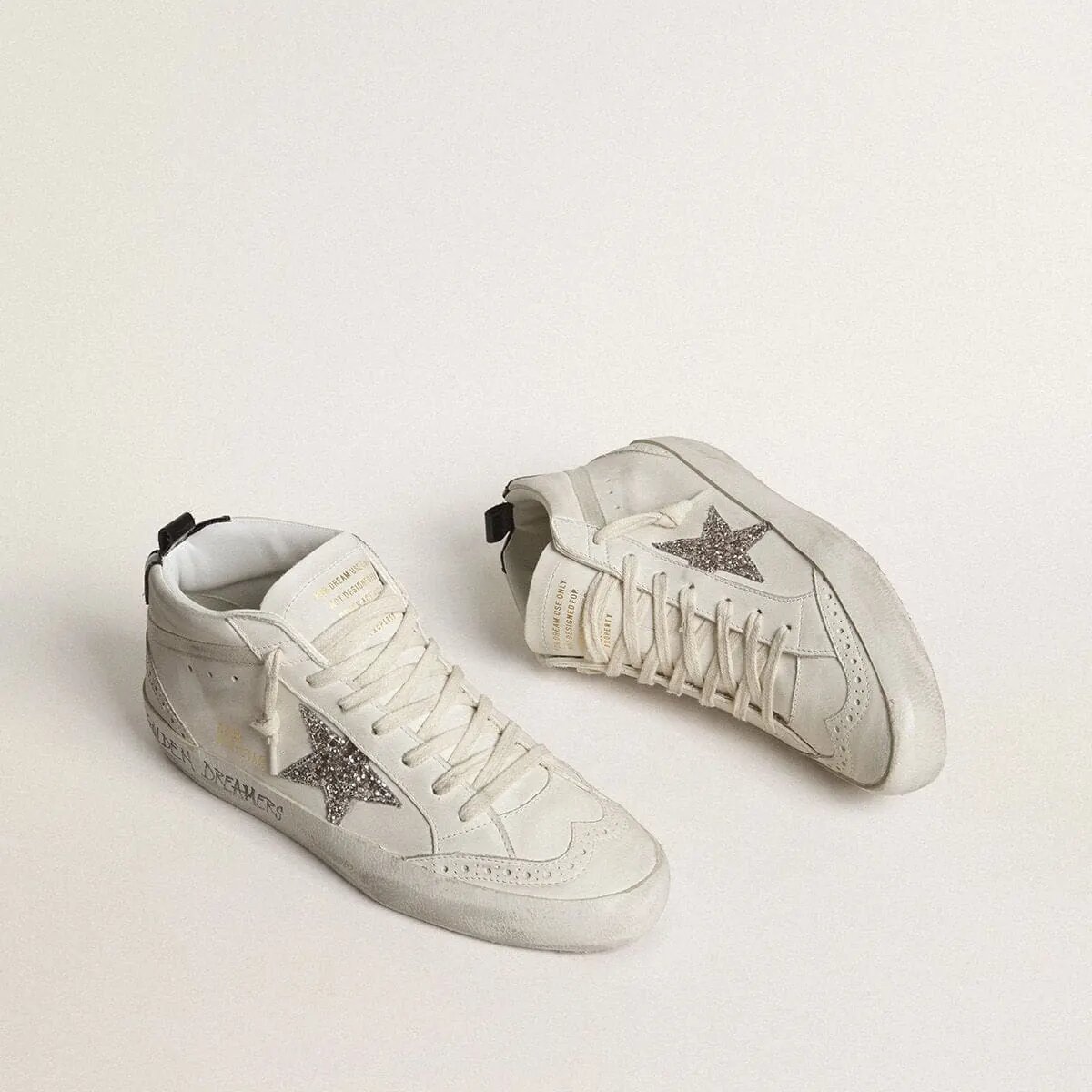 Golden Goose Mid Star With Silver Glitter Star And Black Laminated Heel Tab Golden Goose Mid Star With Silver Glitter Star And Black Laminated Heel Tab