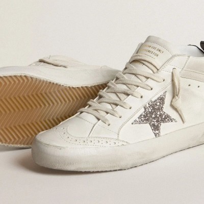 Golden Goose Mid Star With Silver Glitter Star And Black Laminated Heel Tab Golden Goose Mid Star With Silver Glitter Star And Black Laminated Heel Tab