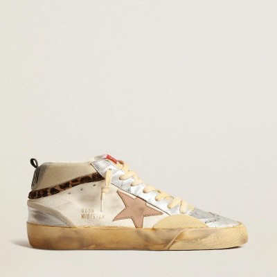 Golden Goose Mid Star With Silver Metallic Leather Inserts And Pink Star Golden Goose Mid Star With Silver Metallic Leather Inserts And Pink Star