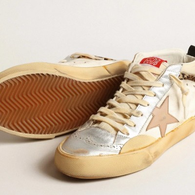 Golden Goose Mid Star With Silver Metallic Leather Inserts And Pink Star Golden Goose Mid Star With Silver Metallic Leather Inserts And Pink Star