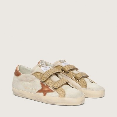 Golden Goose Old School In Pearl Suede With Brick-Red Leather Star And Raffia Strap Golden Goose Old School In Pearl Suede With Brick-Red Leather Star And Raffia Strap