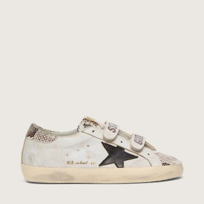 Golden Goose Old School In White Leather With Black Leather Star And Snake-Print Inserts Golden Goose Old School In White Leather With Black Leather Star And Snake-Print Inserts