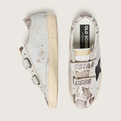 Golden Goose Old School In White Leather With Black Leather Star And Snake-Print Inserts Golden Goose Old School In White Leather With Black Leather Star And Snake-Print Inserts