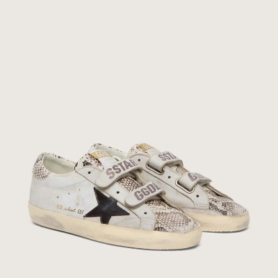 Golden Goose Old School In White Leather With Black Leather Star And Snake-Print Inserts Golden Goose Old School In White Leather With Black Leather Star And Snake-Print Inserts
