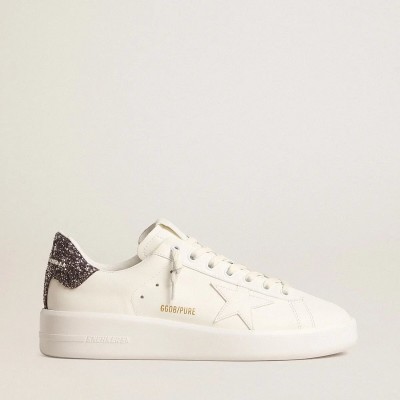 Golden Goose Purestar With White Leather Star And Anthracite Glitter Heel Tab