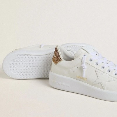 Golden Goose Purestar With White Leather Star And Brown Crystal Heel Tab Golden Goose Purestar With White Leather Star And Brown Crystal Heel Tab