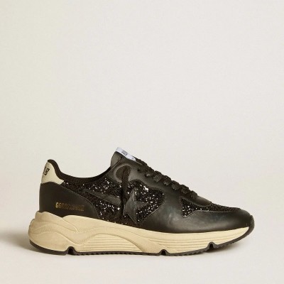Golden Goose Running Sole In Black Glitter With Leather Star And Nubuck Heel Tab Golden Goose Running Sole In Black Glitter With Leather Star And Nubuck Heel Tab