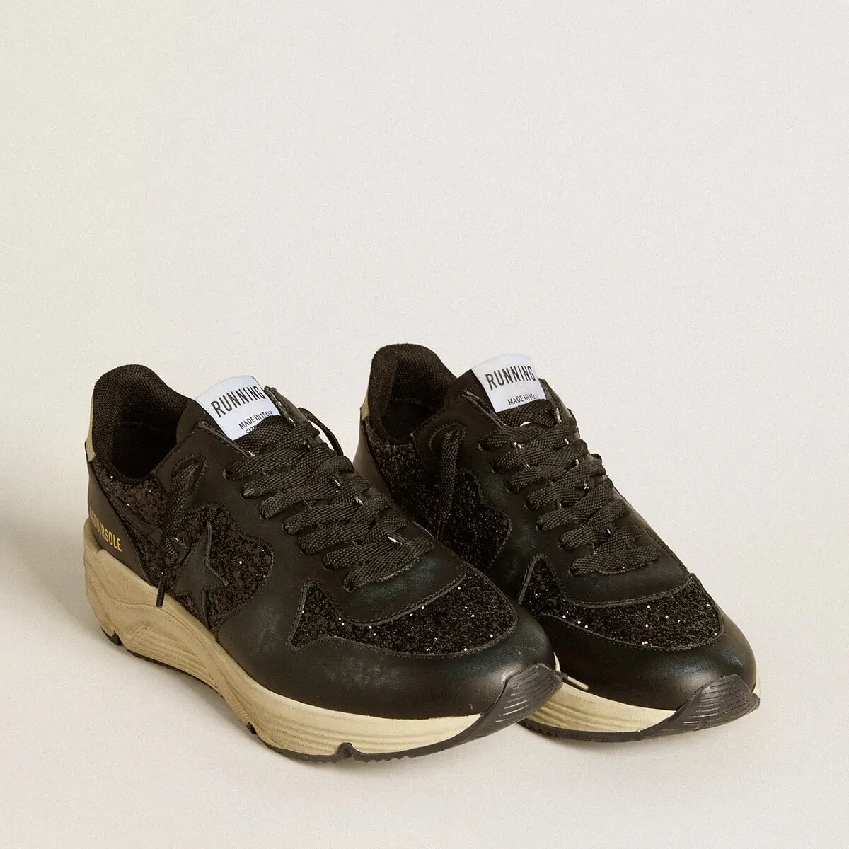 Golden Goose Running Sole In Black Glitter With Leather Star And Nubuck Heel Tab Golden Goose Running Sole In Black Glitter With Leather Star And Nubuck Heel Tab