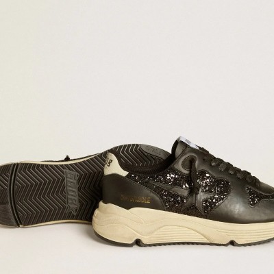 Golden Goose Running Sole In Black Glitter With Leather Star And Nubuck Heel Tab Golden Goose Running Sole In Black Glitter With Leather Star And Nubuck Heel Tab