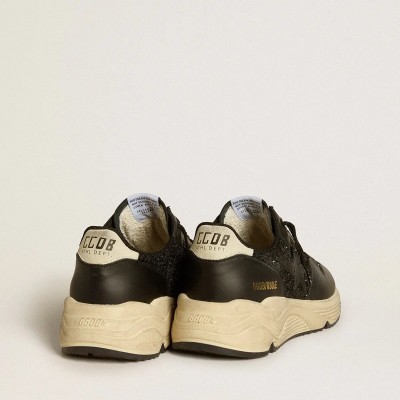 Golden Goose Running Sole In Black Glitter With Leather Star And Nubuck Heel Tab Golden Goose Running Sole In Black Glitter With Leather Star And Nubuck Heel Tab