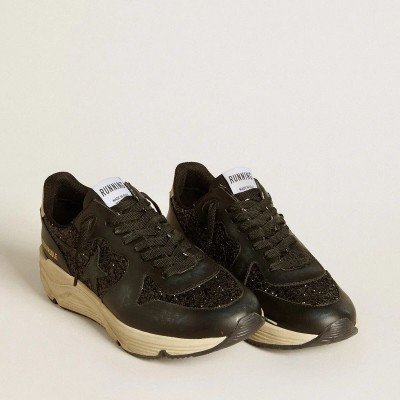 Golden Goose Running Sole In Black Glitter With Leather Star And Nubuck Heel Tab Golden Goose Running Sole In Black Glitter With Leather Star And Nubuck Heel Tab