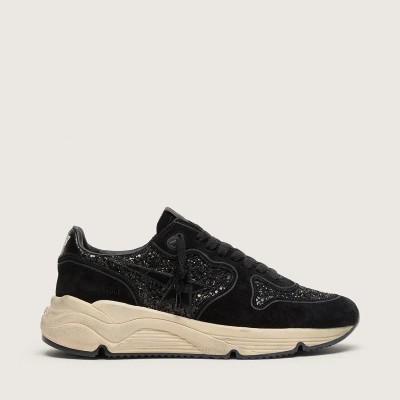 Golden Goose Running Sole In Black Suede And Glitter With Tone-On-Tone Star Golden Goose Running Sole In Black Suede And Glitter With Tone-On-Tone Star