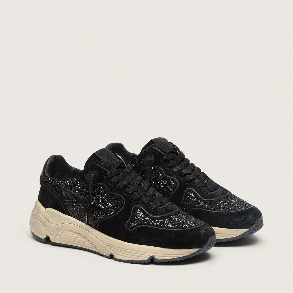 Golden Goose Running Sole In Black Suede And Glitter With Tone-On-Tone Star Golden Goose Running Sole In Black Suede And Glitter With Tone-On-Tone Star