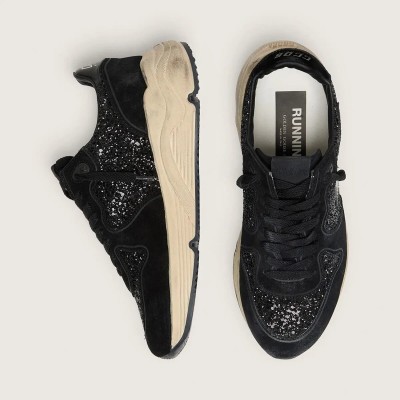 Golden Goose Running Sole In Black Suede And Glitter With Tone-On-Tone Star Golden Goose Running Sole In Black Suede And Glitter With Tone-On-Tone Star