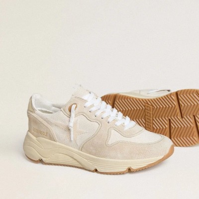Golden Goose Running Sole In Canvas With Beige Star And Platinum Metallic Leather Heel Tab Golden Goose Running Sole In Canvas With Beige Star And Platinum Metallic Leather Heel Tab