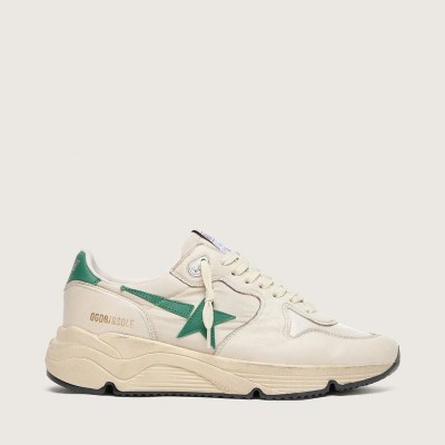 Golden Goose Running Sole In Cream Nylon And Leather With Green Leather Star