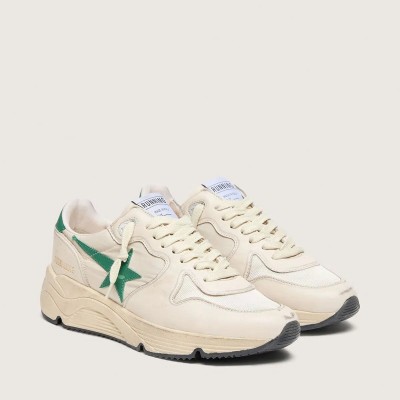 Golden Goose Running Sole In Cream Nylon And Leather With Green Leather Star Golden Goose Running Sole In Cream Nylon And Leather With Green Leather Star