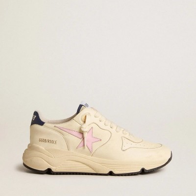 Golden Goose Running Sole In Nappa Leather With Pink Leather Star And Blue Leather Heel Tab