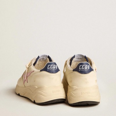 Golden Goose Running Sole In Nappa Leather With Pink Leather Star And Blue Leather Heel Tab