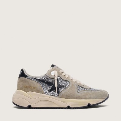 Golden Goose Running Sole In Silver Glitter And Dove Gray Suede Golden Goose Running Sole In Silver Glitter And Dove Gray Suede