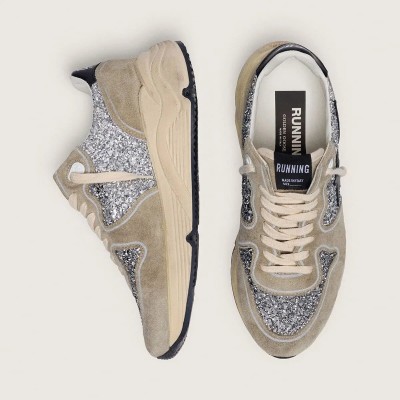 Golden Goose Running Sole In Silver Glitter And Dove Gray Suede Golden Goose Running Sole In Silver Glitter And Dove Gray Suede