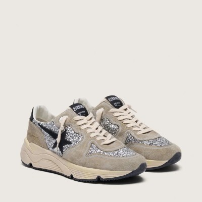 Golden Goose Running Sole In Silver Glitter And Dove Gray Suede Golden Goose Running Sole In Silver Glitter And Dove Gray Suede